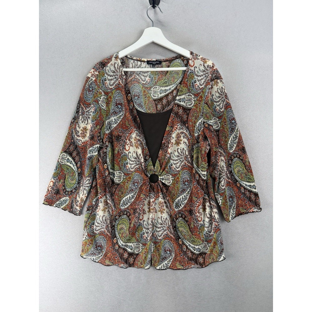 Notations Women's 2X Paisley 3/4 Sleeve Blouse Layered Cami Button Front